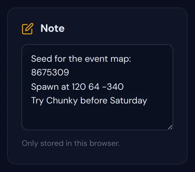 The Note widget with a seed and spawn coordinates written in it