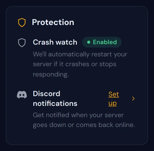 The Protection widget with crash watch enabled and Discord notifications ready to set up