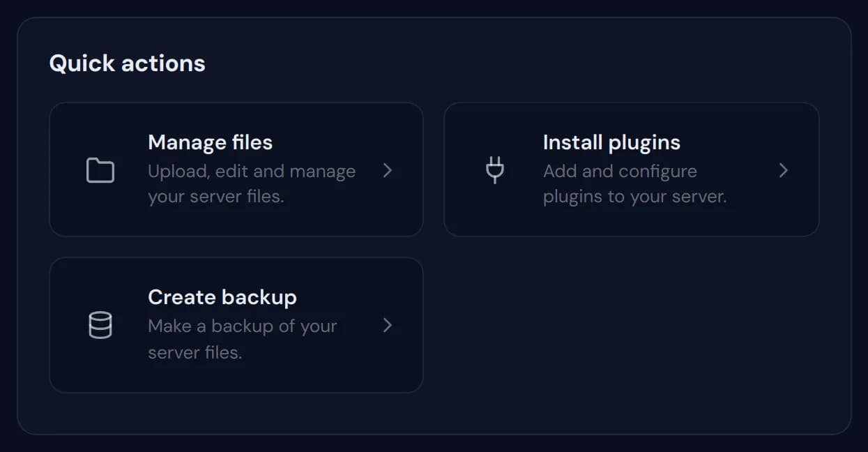The Quick actions widget with Manage files, Install plugins and Create backup