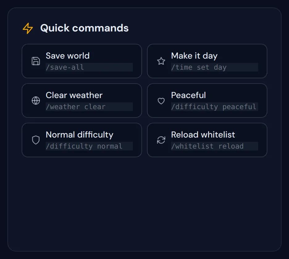 The Quick commands widget with six one-click commands such as Save world and Make it day