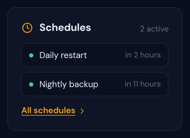 The Schedules widget with 2 active schedules, a daily restart and a nightly backup