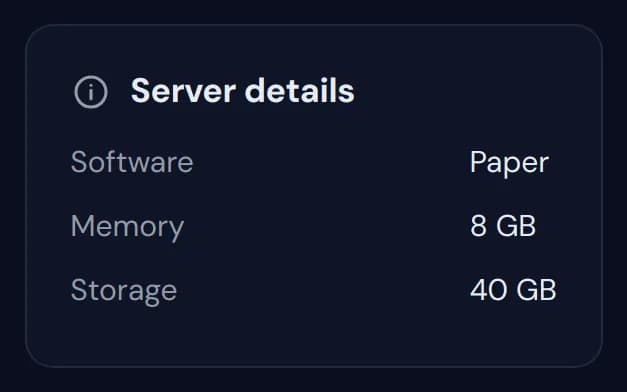 The Server details widget showing Paper, 8 GB of memory and 40 GB of storage