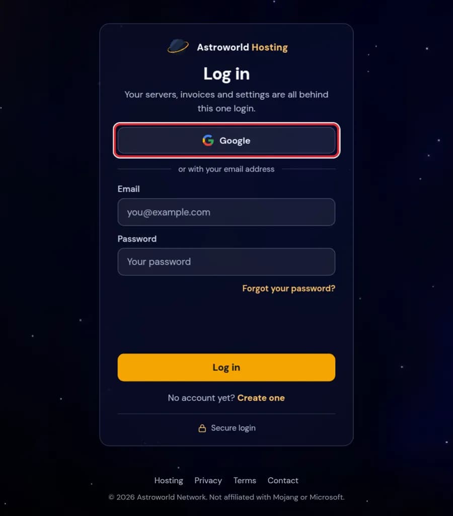 The Log in page with the Google button marked in red