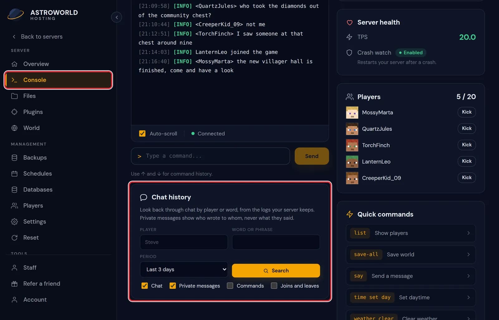The Console page with the Chat history card under the command line marked in red