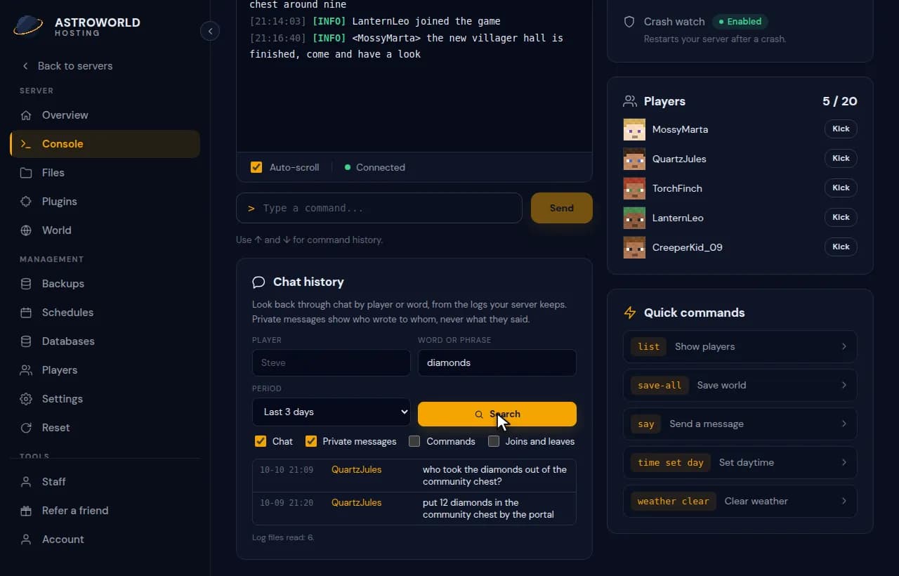 Searching the chat for a word and then narrowing the results down to one player by clicking the name