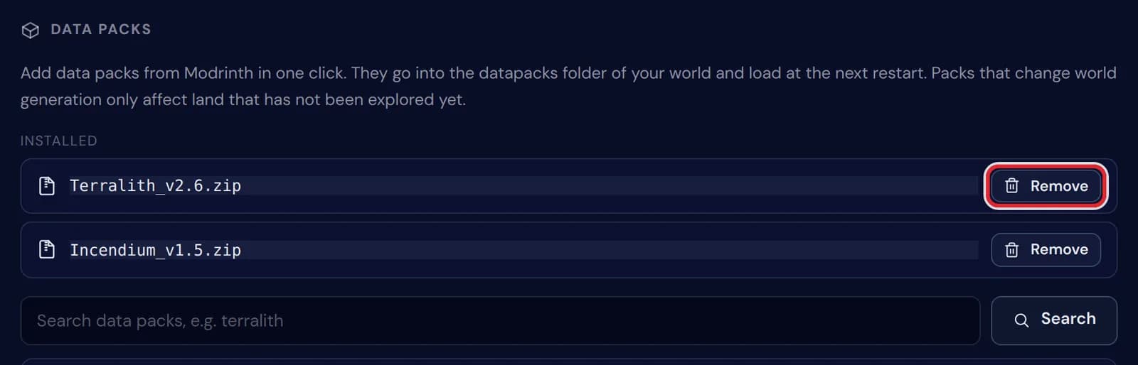Two installed data packs, with the Remove button of the first one marked in red