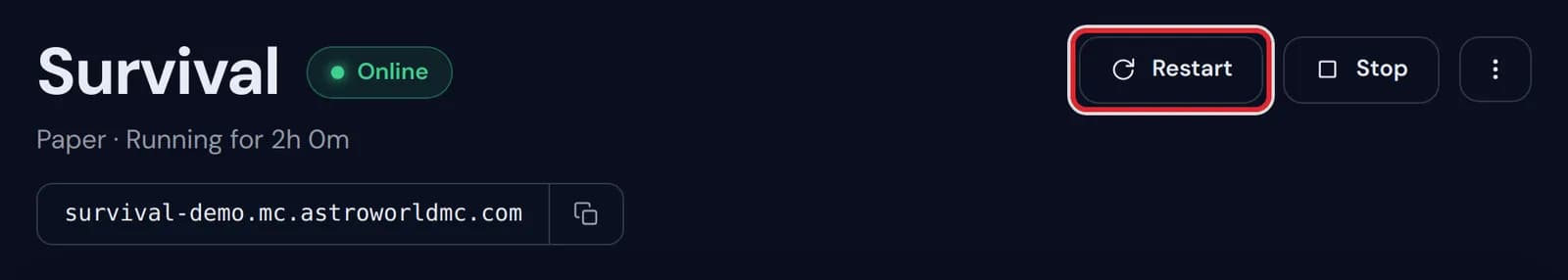 The Restart button at the top of the server panel, marked in red