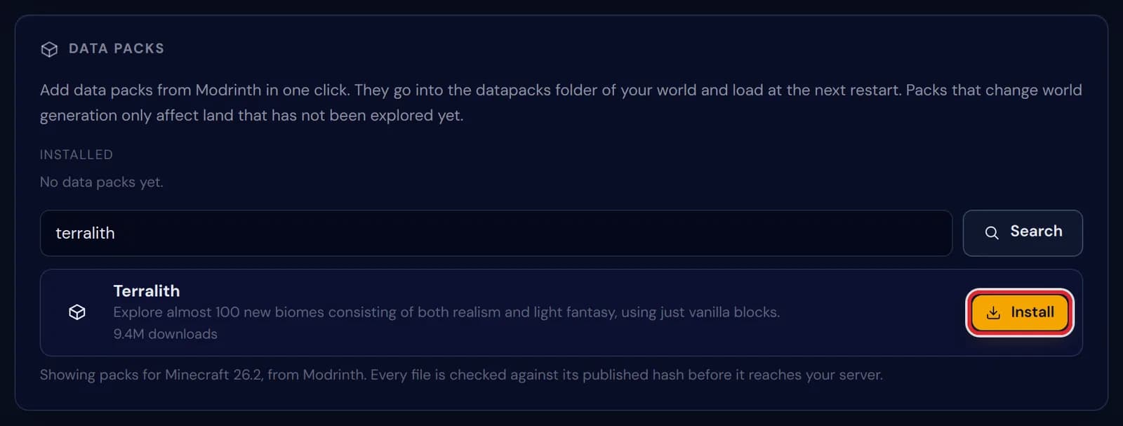 A search for terralith on the Data packs card, with the Install button of the result marked in red