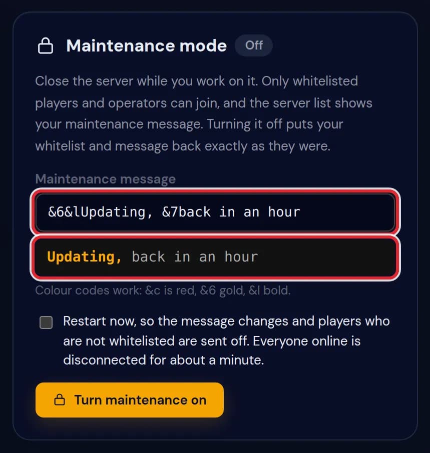 The message &6&lUpdating, &7back in an hour in the Maintenance message field with its coloured preview, both marked in red