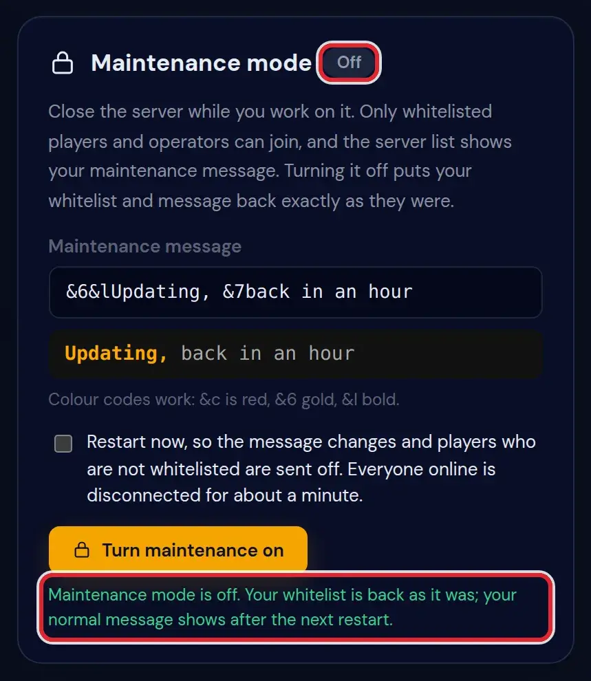 The Maintenance mode card back on Off, with the line Maintenance mode is off. Your whitelist is back as it was marked in red