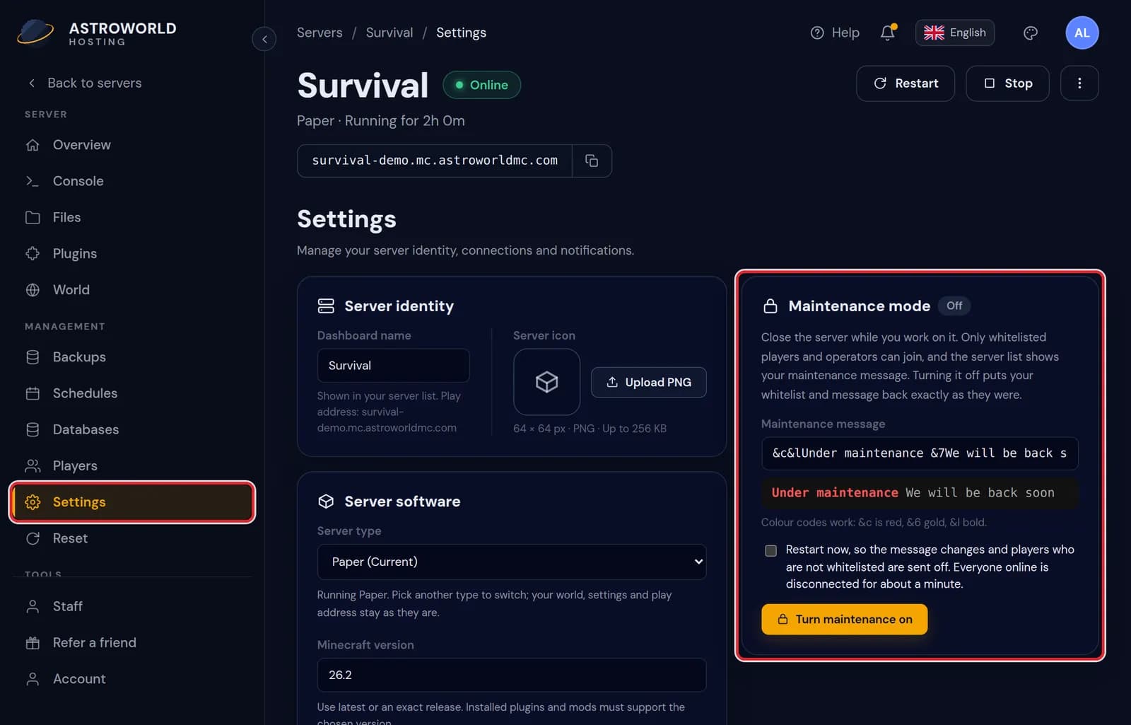 The Settings page of the server panel, with Settings in the sidebar and the Maintenance mode card set to Off marked in red