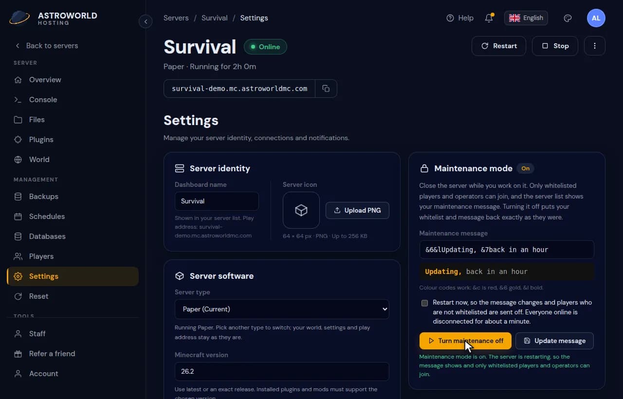 Turning maintenance mode on from the Settings page with a gold and grey message and a restart