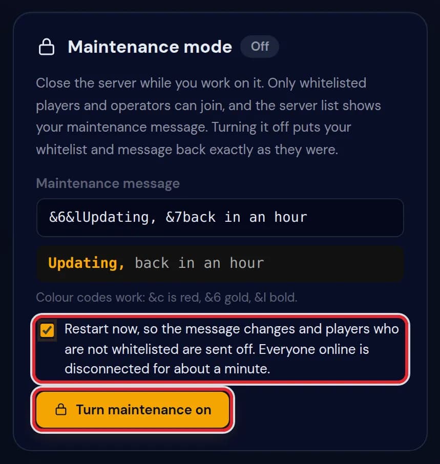 The Restart now box ticked and the Turn maintenance on button, both marked in red