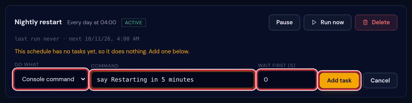 Console command chosen with say Restarting in 5 minutes as the command, Wait first set to 0 and the Add task button, marked in red