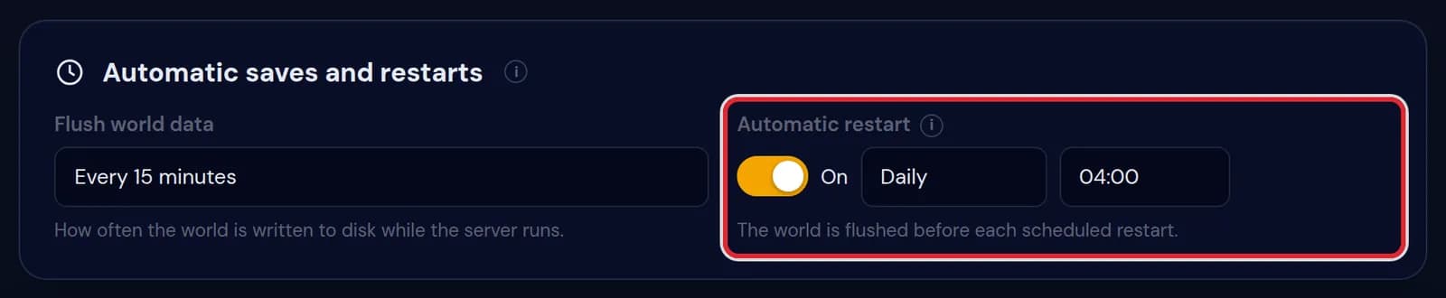 The Automatic saves and restarts card on Settings with Flush world data every 15 minutes and Automatic restart on, daily at 04:00, marked in red