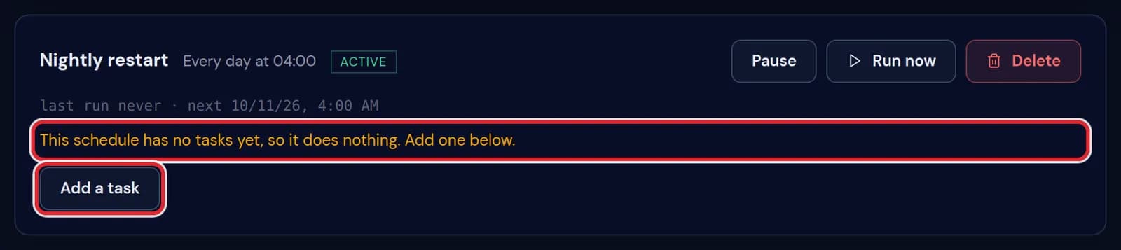The schedule Nightly restart with the line about having no tasks and the Add a task button, marked in red