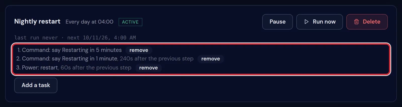 A schedule with three tasks: say Restarting in 5 minutes, say Restarting in 1 minute after 240 seconds and Power: restart after 60 more seconds
