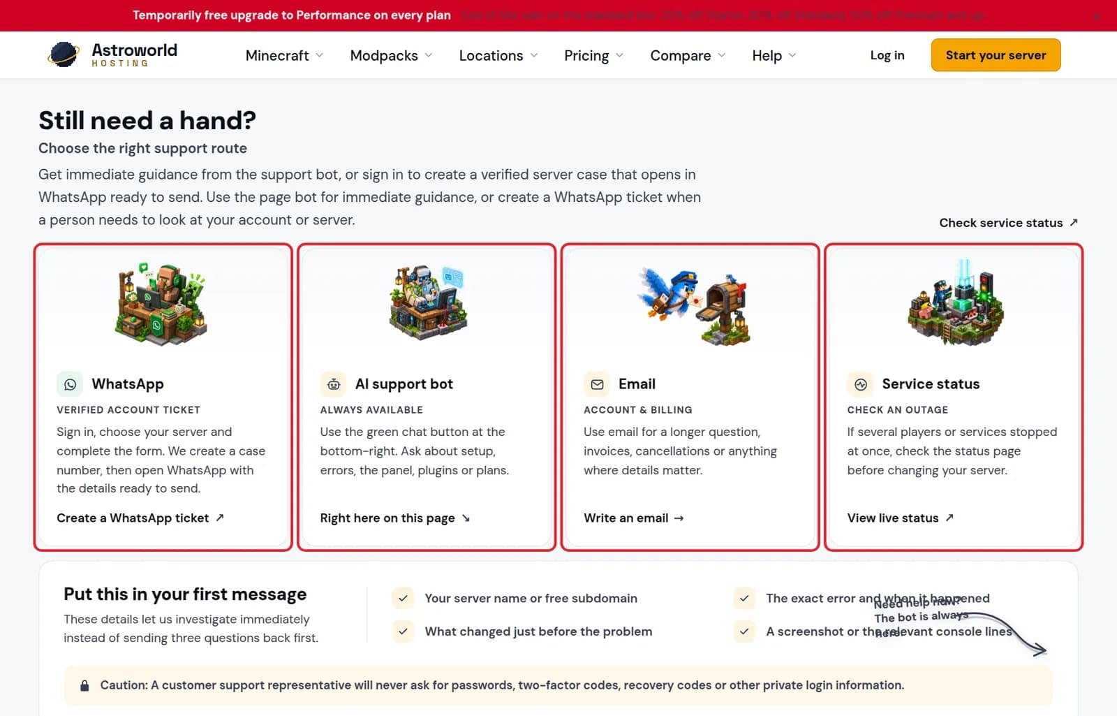 The four support cards WhatsApp, AI support bot, Email and Service status marked in red