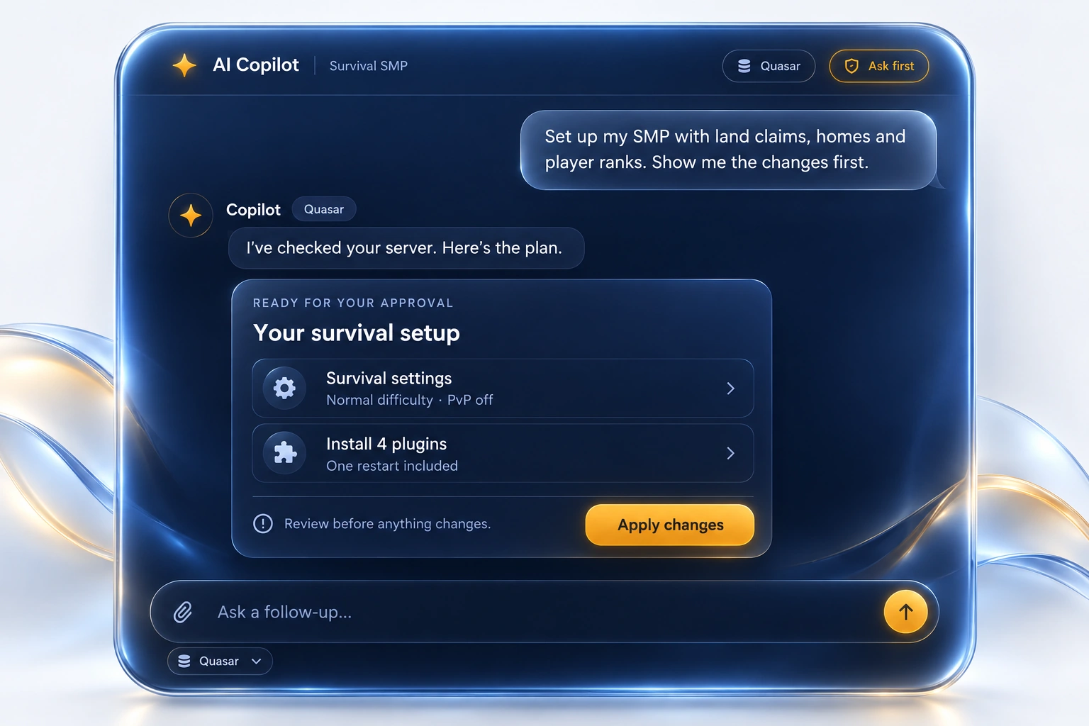 Chat del AI Copilot de Astroworld con Quasar: una propuesta para montar un servidor survival de Minecraft y el botón Apply changes para aplicarla