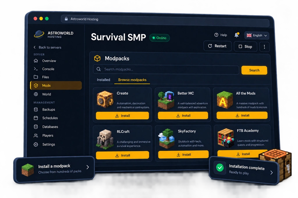 Panel de Astroworld: Instalar modpacks
