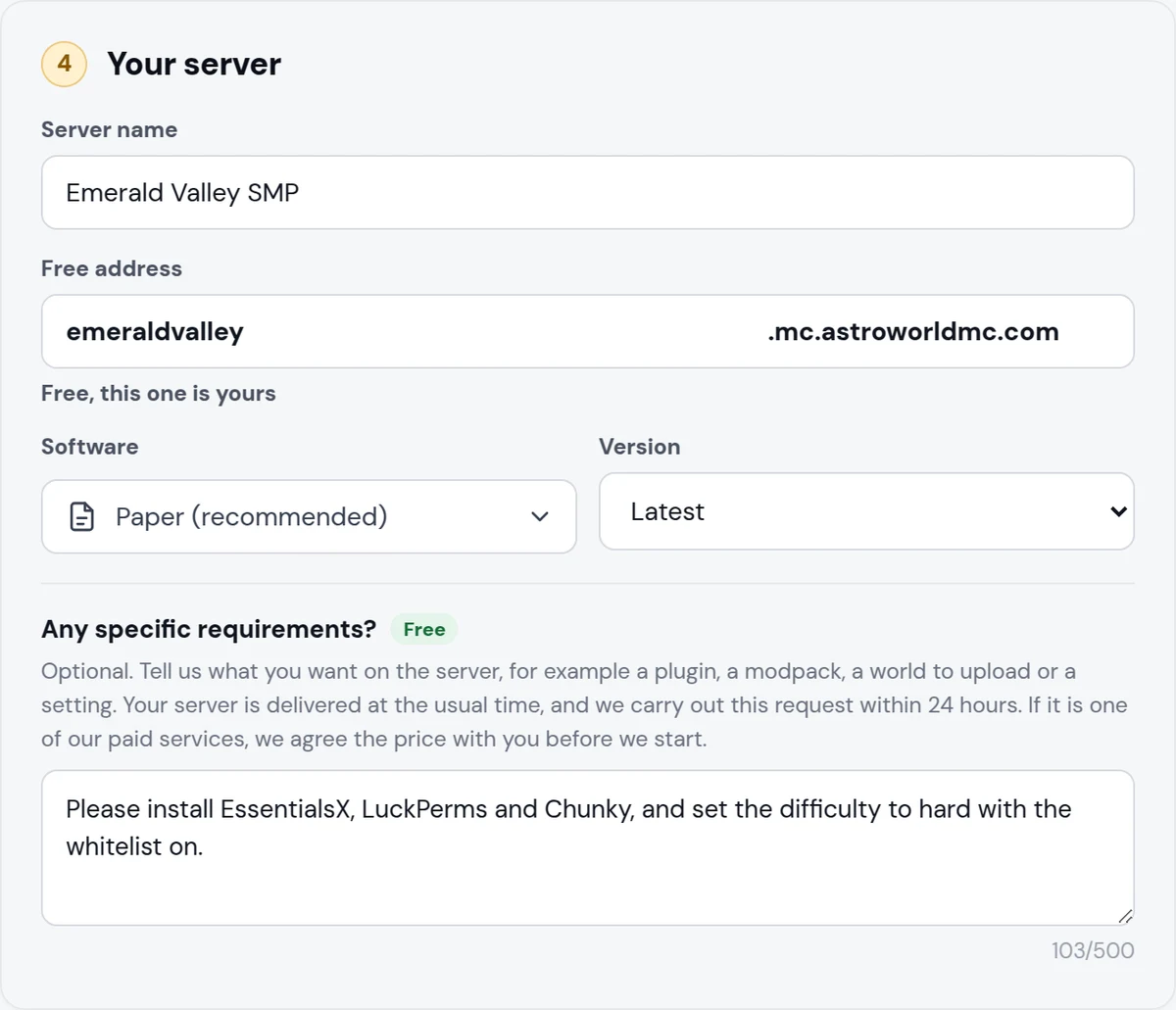 Step 4 of the Astroworld checkout: server name, free address, software and version, and below them the field Any specific requirements? with a green Free badge and a request to install EssentialsX, LuckPerms and Chunky