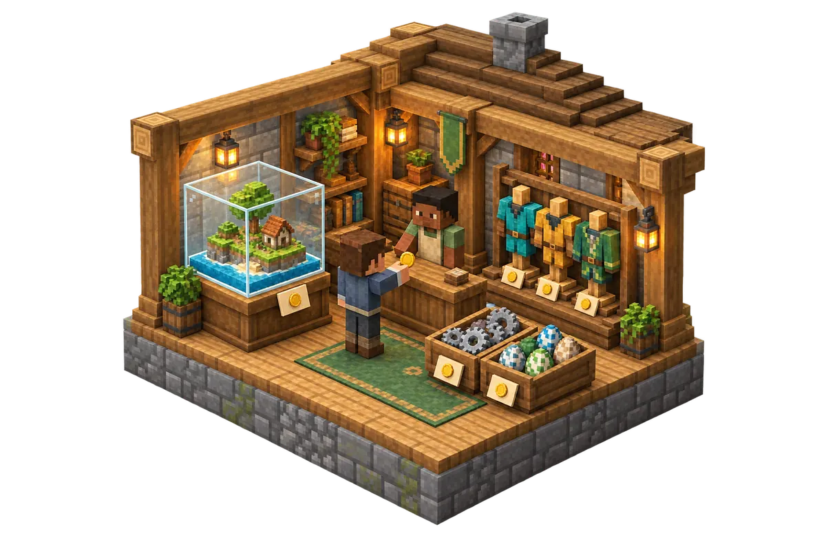 Isometrisches Minecraft-Diorama eines kleinen Ladens, der eine Welt in einem Glaswürfel, Spieler-Outfits und Add-on-Kisten verkauft, jedes mit einem Preisschild mit Goldmünze