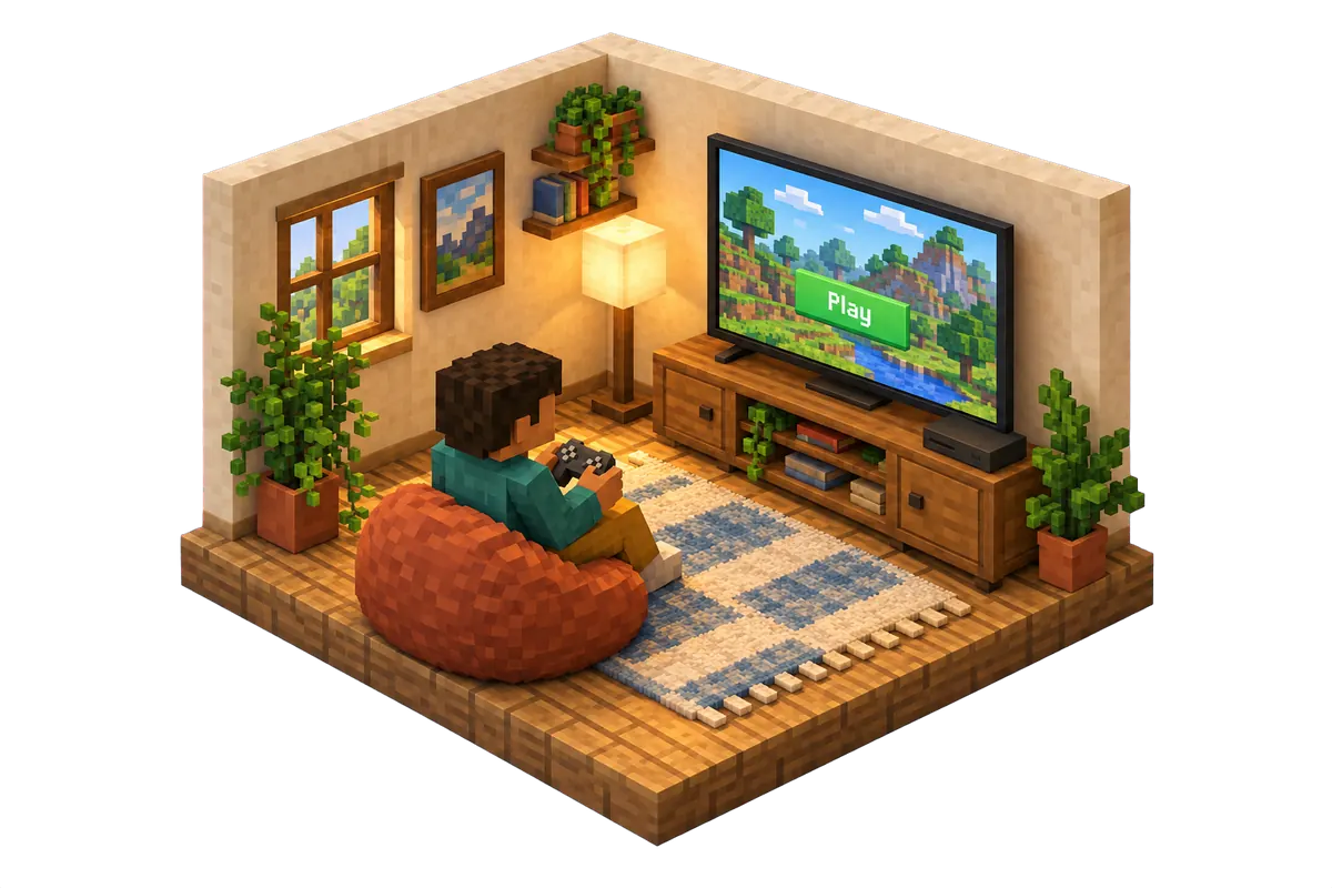 Isometrisches Minecraft-Diorama eines Wohnzimmers, in dem ein Spieler auf einem Sitzsack einen Controller vor einem Fernseher hält, der einen Titelbildschirm mit grünem Knopf Play zeigt