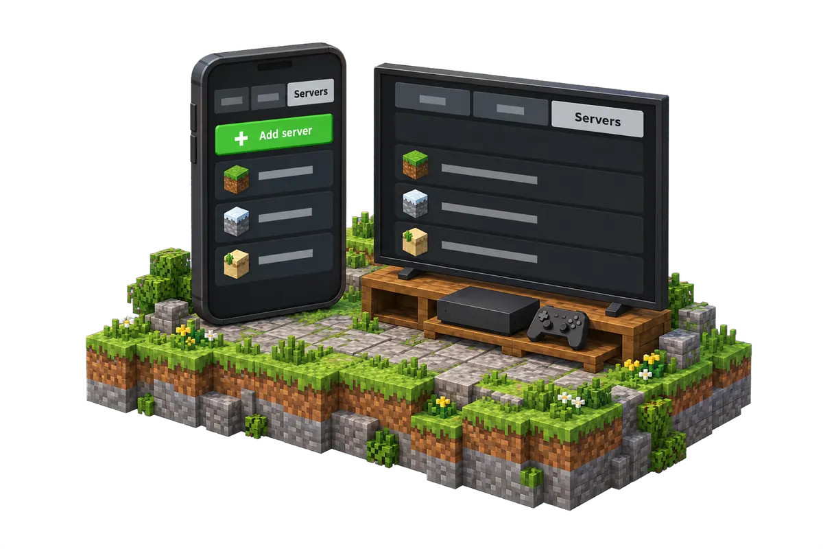 Zeichnung des Reiters Servers von Bedrock auf einem Handy mit einem grünen Knopf Add server, neben einem Fernseher mit Konsole, auf dem derselbe Reiter diesen Knopf nicht hat