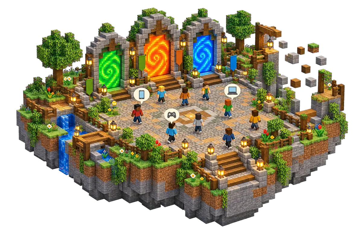 Isometrisches Minecraft-Diorama einer Server-Lobby mit drei farbigen Portalen, in die Spieler kommen, mit Symbolen, die zeigen, dass sie am Handy, mit Controller oder am Laptop spielen