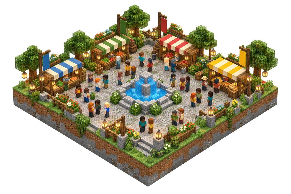 Diorama isométrico de Minecraft de una plaza concurrida con una fuente y puestos de mercado, llena de unos treinta jugadores