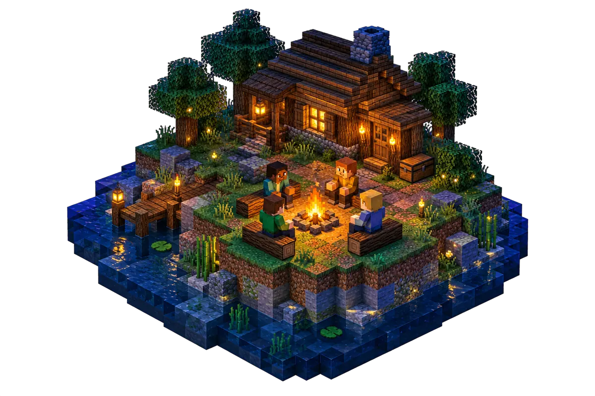 Isometrisch Minecraft diorama bij nacht: vier spelers op boomstambankjes rond een kampvuur voor een houten hut met verlichte ramen