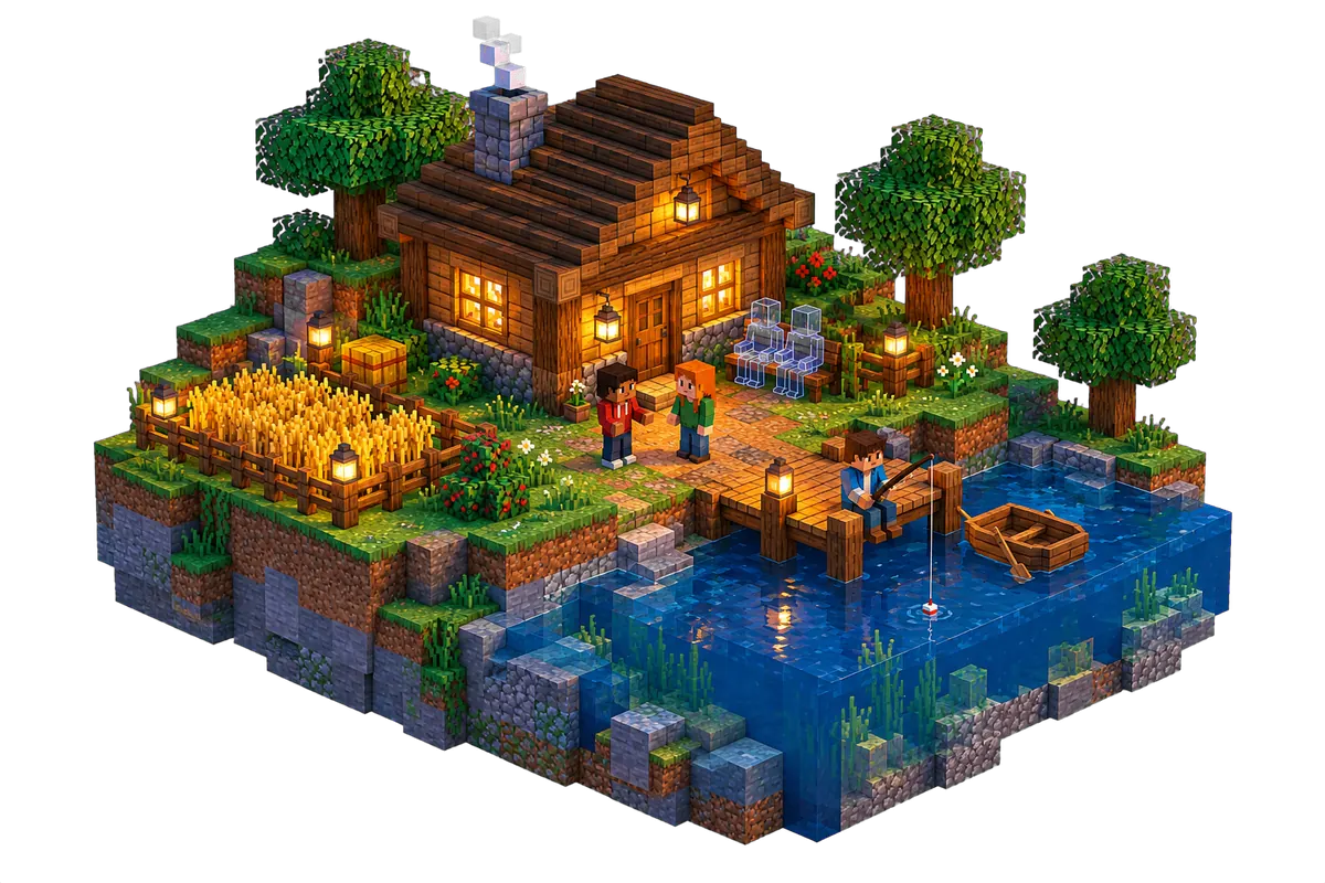 Diorama isométrico de Minecraft de una pequeña base en una isla: dos amigos hablan junto a la puerta, uno pesca desde el muelle y dos figuras transparentes en un banco representan a los amigos que no están conectados