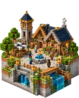 Diorama Minecraft isométrique d’un village multijoueur animé, avec un étal de marché, une fontaine, une tour en pierre, des bannières et plusieurs joueurs