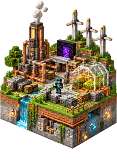 Diorama Minecraft isométrique d’une base technique moddée, avec des machines, des tuyaux en cuivre, un portail du Nether, des éoliennes et une serre en verre