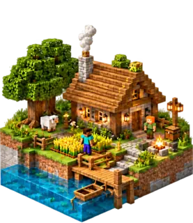 Diorama Minecraft isométrique d’un petit monde de survie : une maison en bois avec une cheminée, un champ de blé, un feu de camp, un mouton et un ponton avec une barque