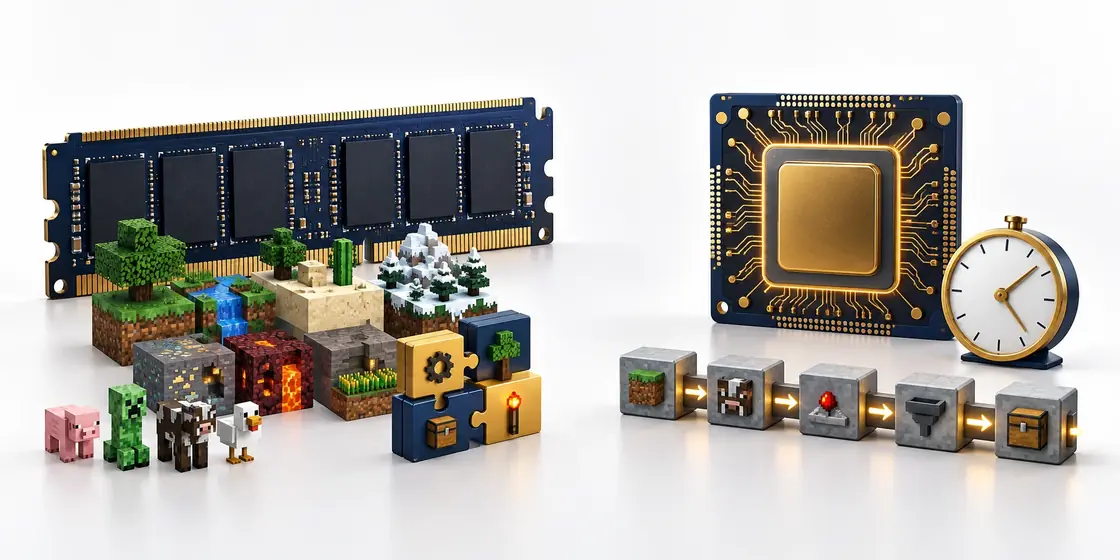 Dessin isométrique d’une barrette de RAM avec du terrain Minecraft, des mobs et des pièces de mods devant elle, à côté d’un processeur avec une horloge et une rangée de blocs qui représentent les ticks de jeu qu’il traite