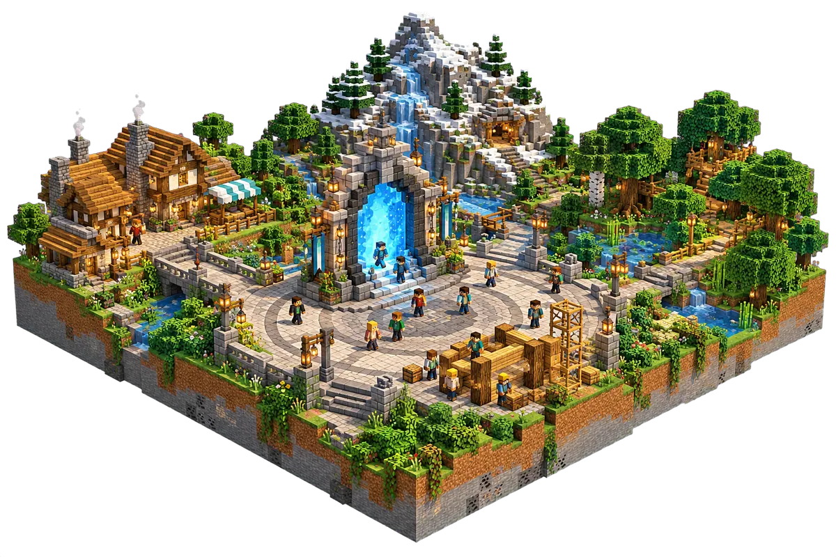 Isometrisch Minecraft diorama van een serverspawn: een stenen plein met een portaal, spelers die aankomen en samen bouwen, met een dorp, een besneeuwde berg en een bos eromheen