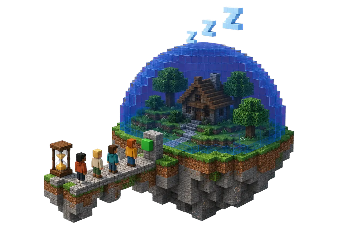 Diorama isométrico de Minecraft de la isla de un servidor dormida bajo una cúpula de cristal, con cuatro jugadores haciendo cola en un camino hacia un botón verde de inicio y un reloj de arena a su lado