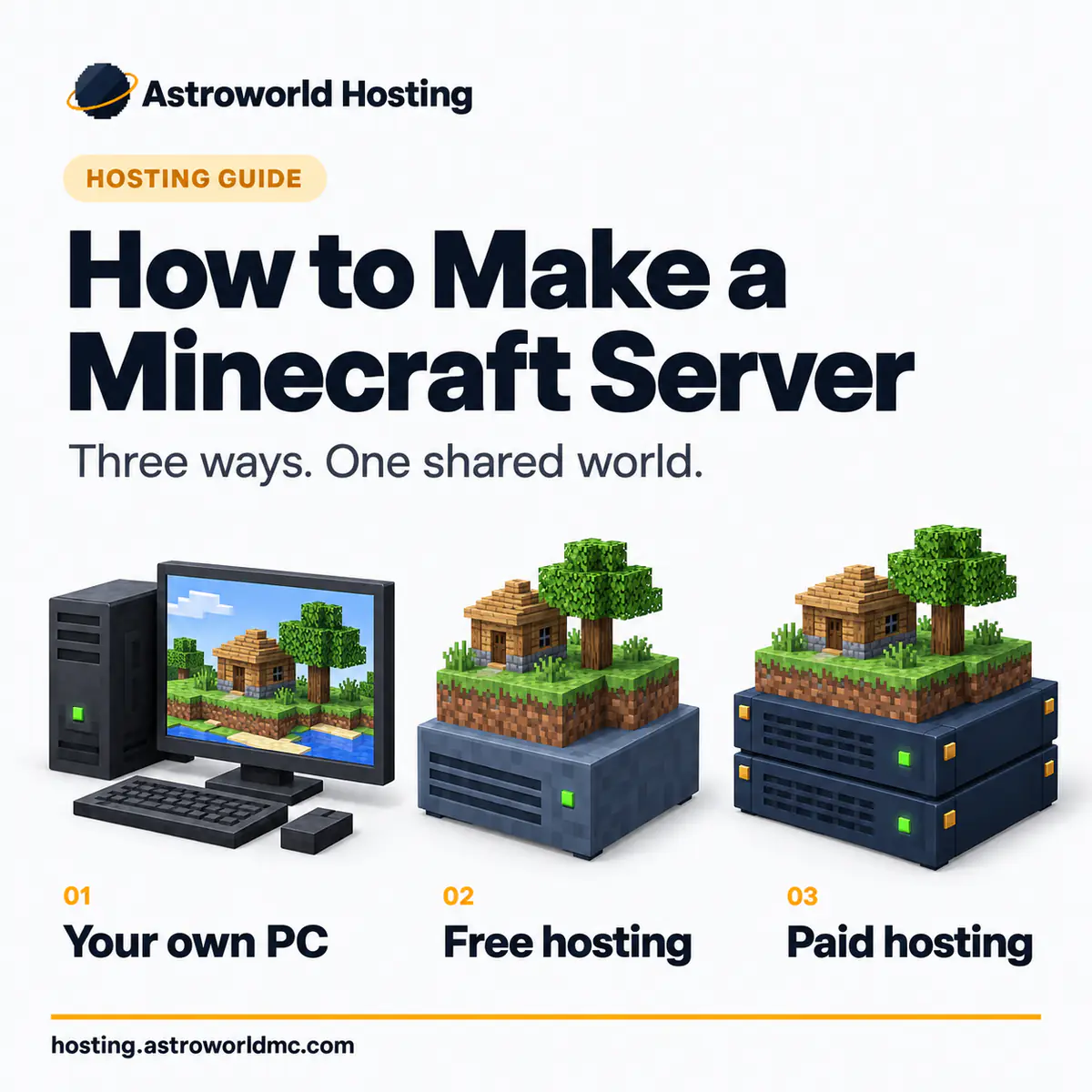 Drie manieren om een Minecraft server te maken: je eigen pc, gratis hosting en betaalde hosting, elk met dezelfde kleine Minecraft wereld met een huisje en een boom