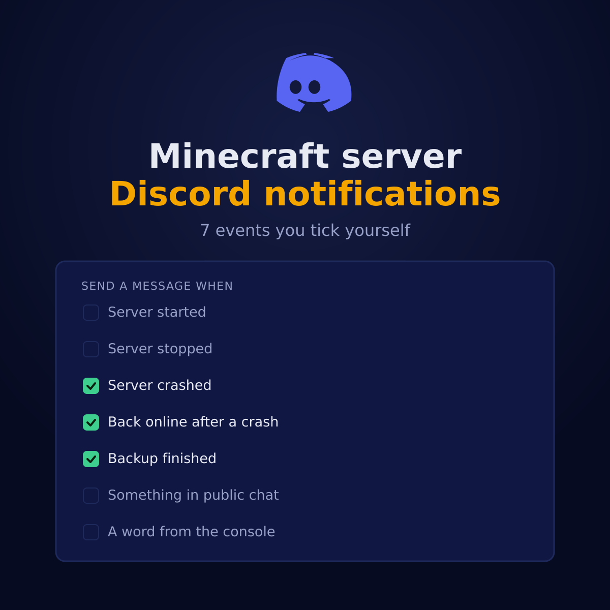 The 7 Discord notification events in the Astroworld panel: server started, stopped, crashed, back online, backup finished, something in public chat, and a word from the console