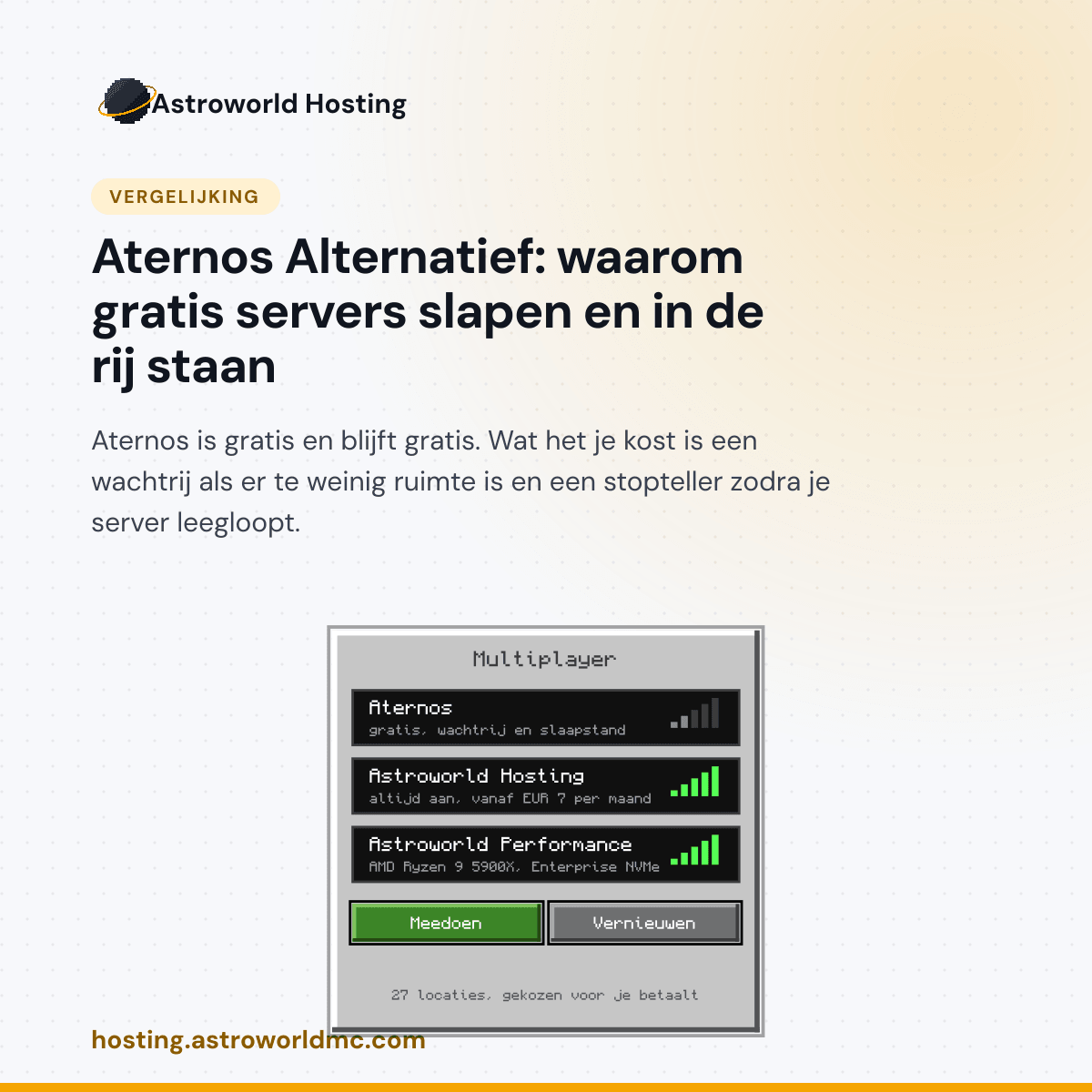 Astroworld tegenover Aternos: wat een gratis Minecraft server je kost aan wachten en aan uptime