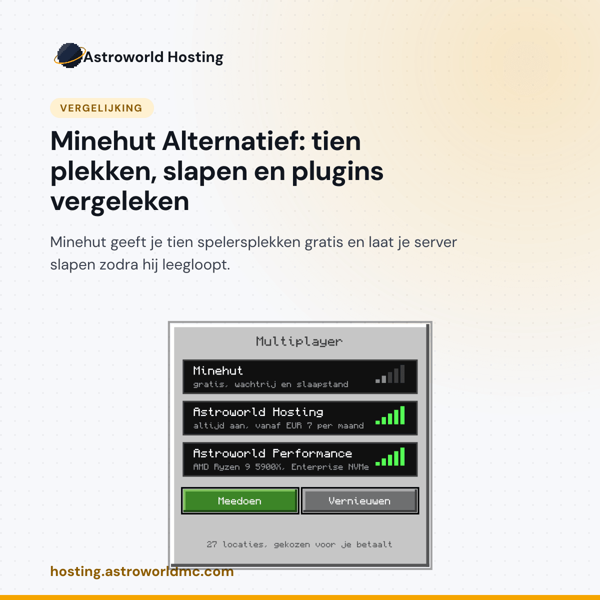 Astroworld tegenover Minehut: tien spelersplekken en een server die slaapt, naast een server die aan blijft