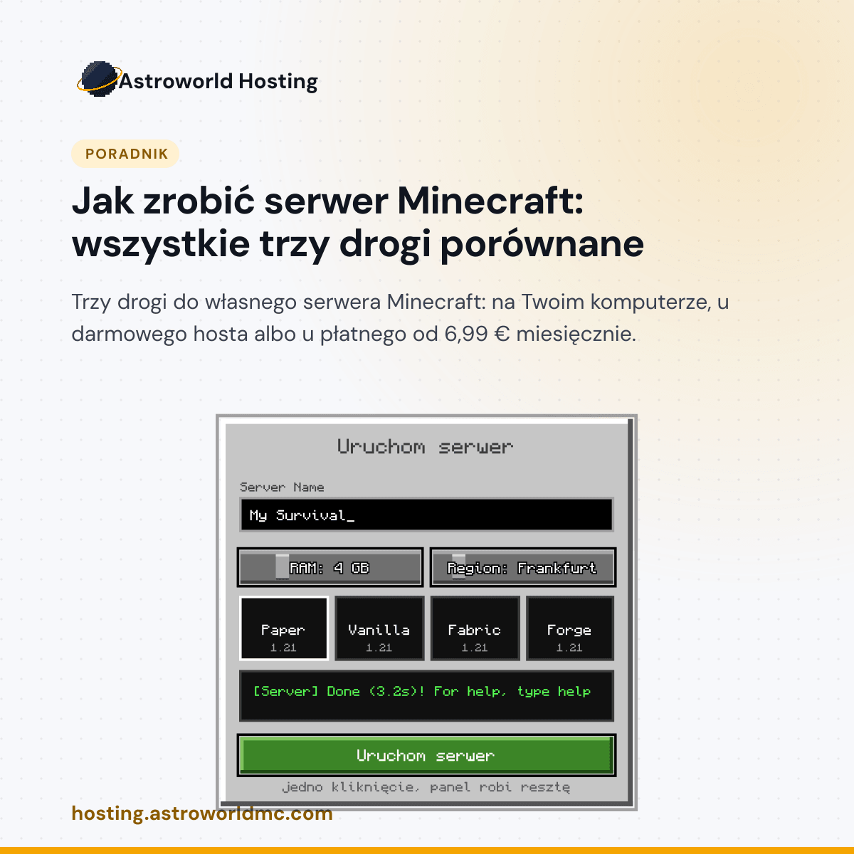 Trzy drogi do własnego serwera Minecraft: własny komputer, darmowy host i płatny host, z tym, ile każda z nich kosztuje