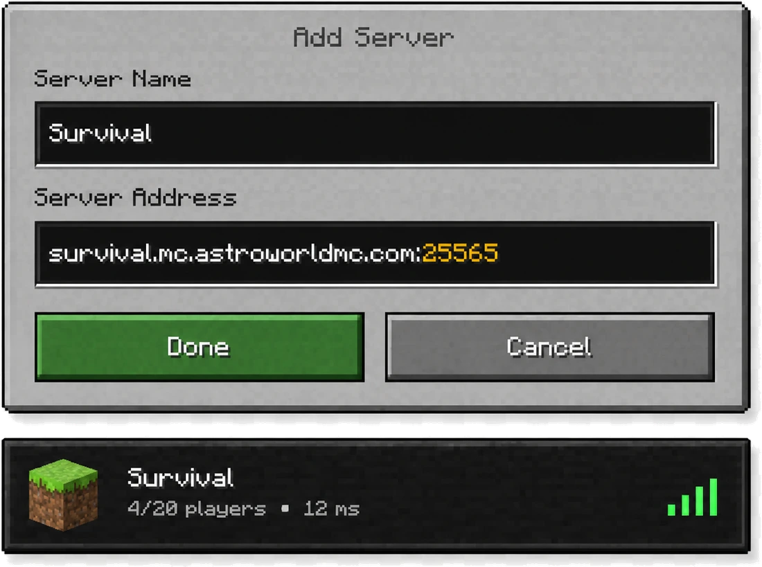 The Add Server screen of the Minecraft client, with the name Survival and the address survival.mc.astroworldmc.com and port 25565 filled in, and the server showing 4 of 20 players at 12 ms in the server list