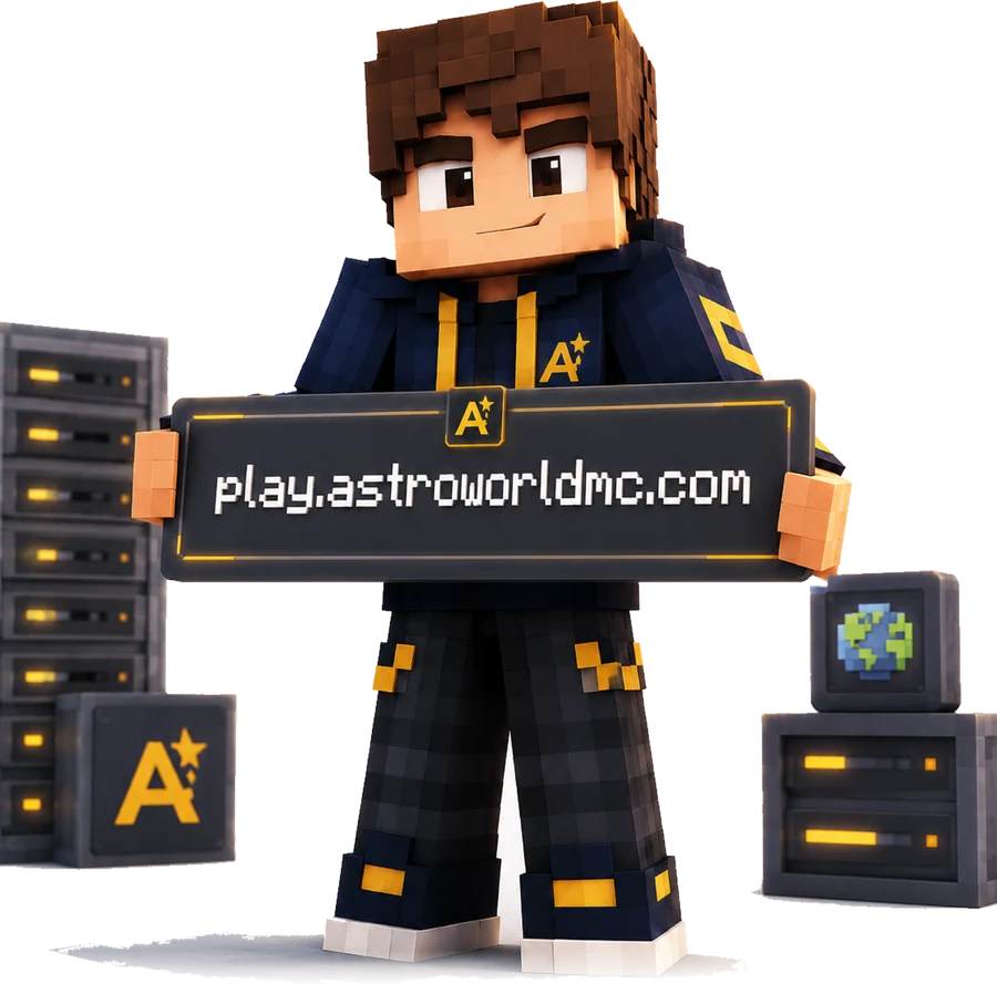 A Minecraft character holding up a server address sign, with server racks and a globe block behind him
