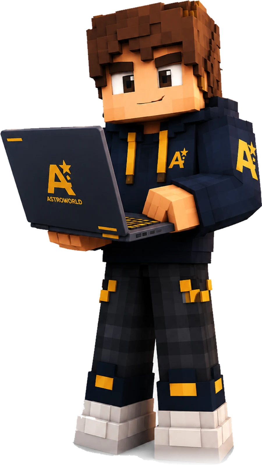 A Minecraft character with a laptop, choosing the server software and the Minecraft version